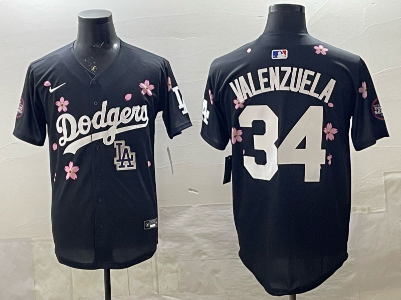 Men 2025 Nike Los Angeles Dodgers #34 Valenzuela Black Game MLB Jersey 01